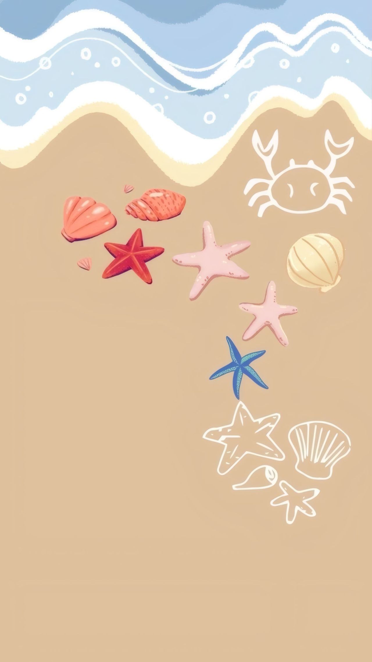 Simple illustration of beach with seashells and starfish