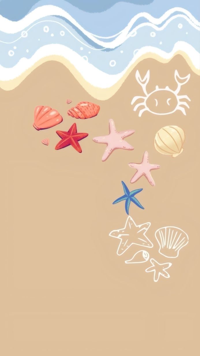 A drawing of seashells, starfish, and a crab on a sandy beach with ocean waves