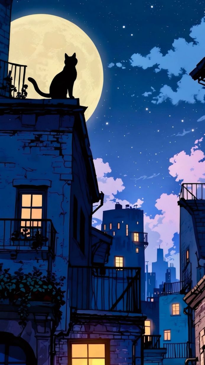 A black cat silhouette sits on a rooftop under a full moon in a blue cityscape illustration