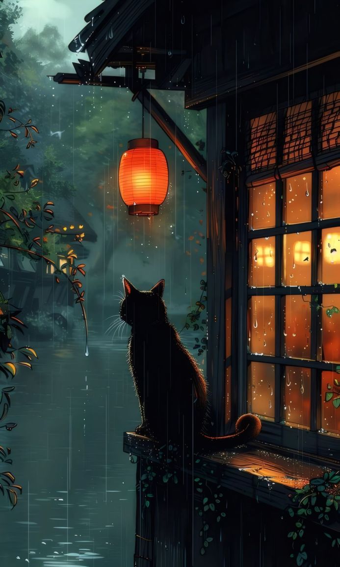Black cat in a rainy Japanese-style setting with a lantern, looking out a window