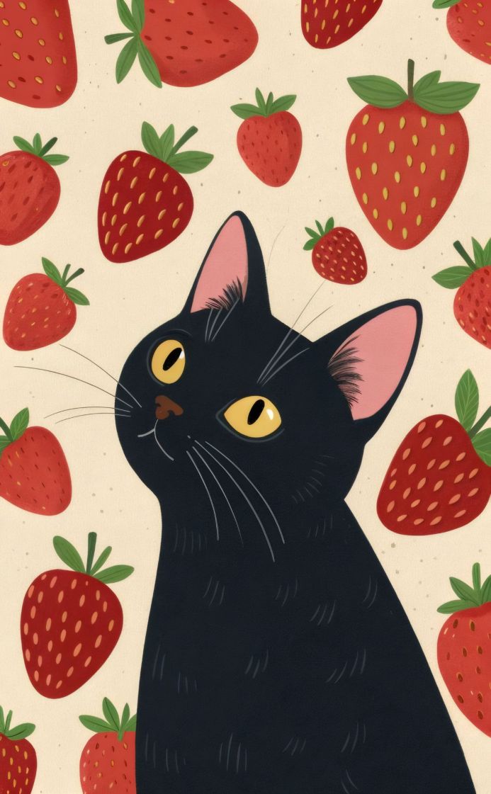 Illustration of a black cat surrounded by strawberries