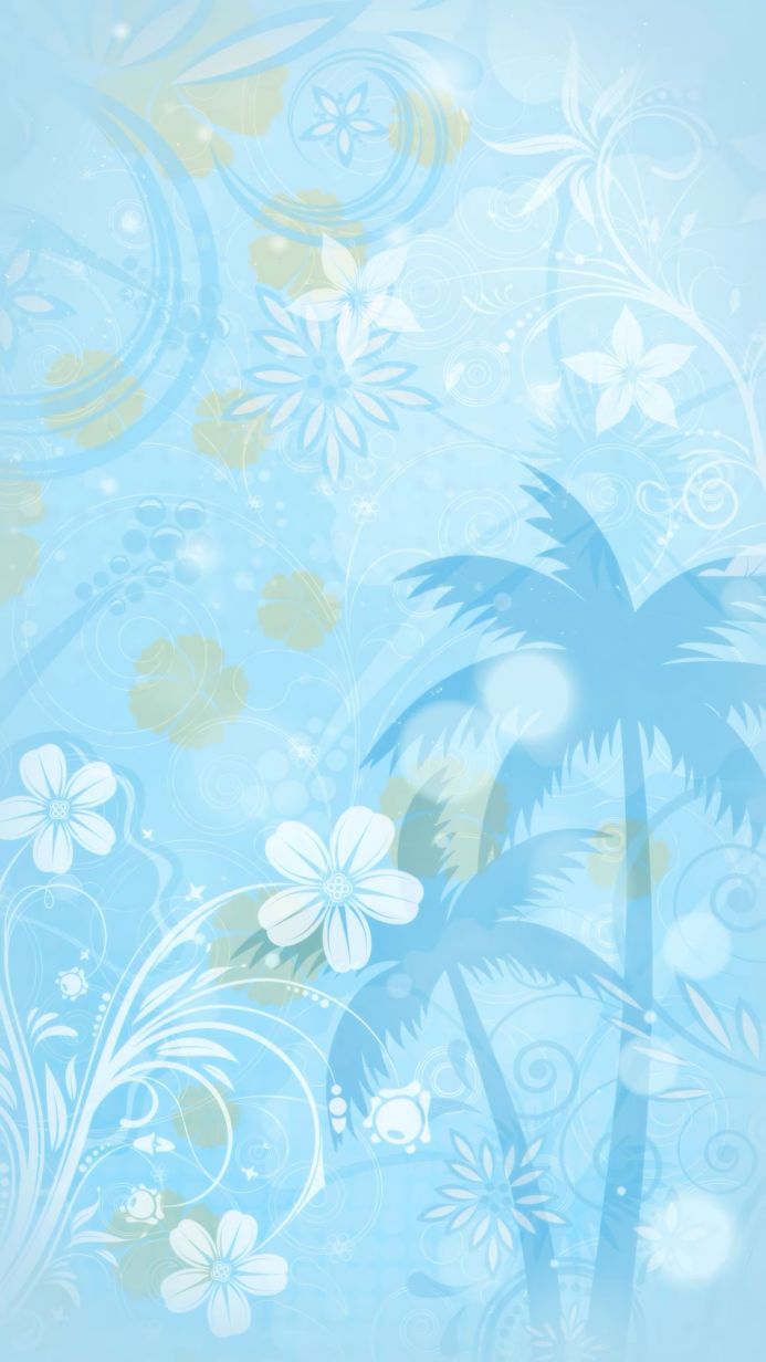 Floral design with palm trees and swirls in shades of blue, white, and light green