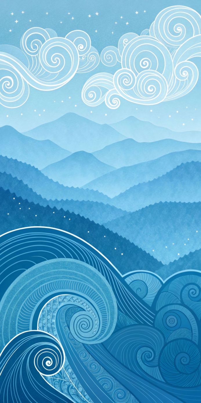 Blue-toned illustration of mountains, stylized waves, and swirling clouds with stars