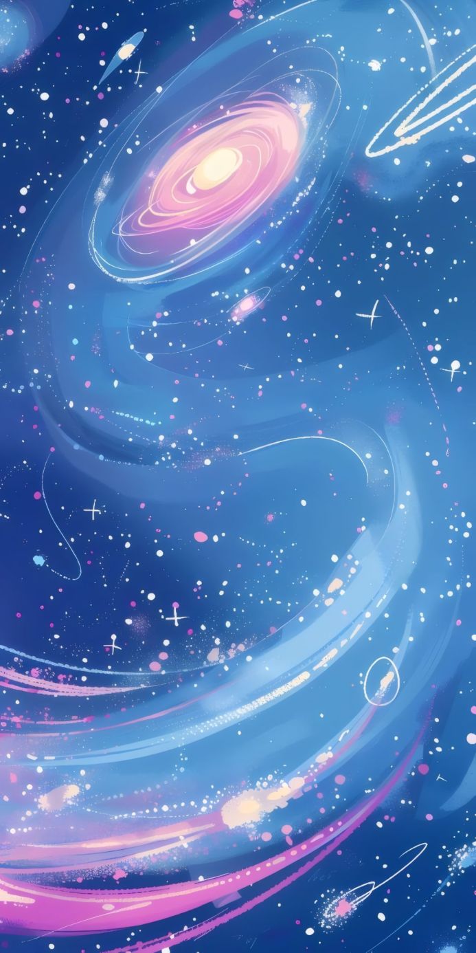 A vibrant galaxy with swirling blue and pink colors, dotted with white stars
