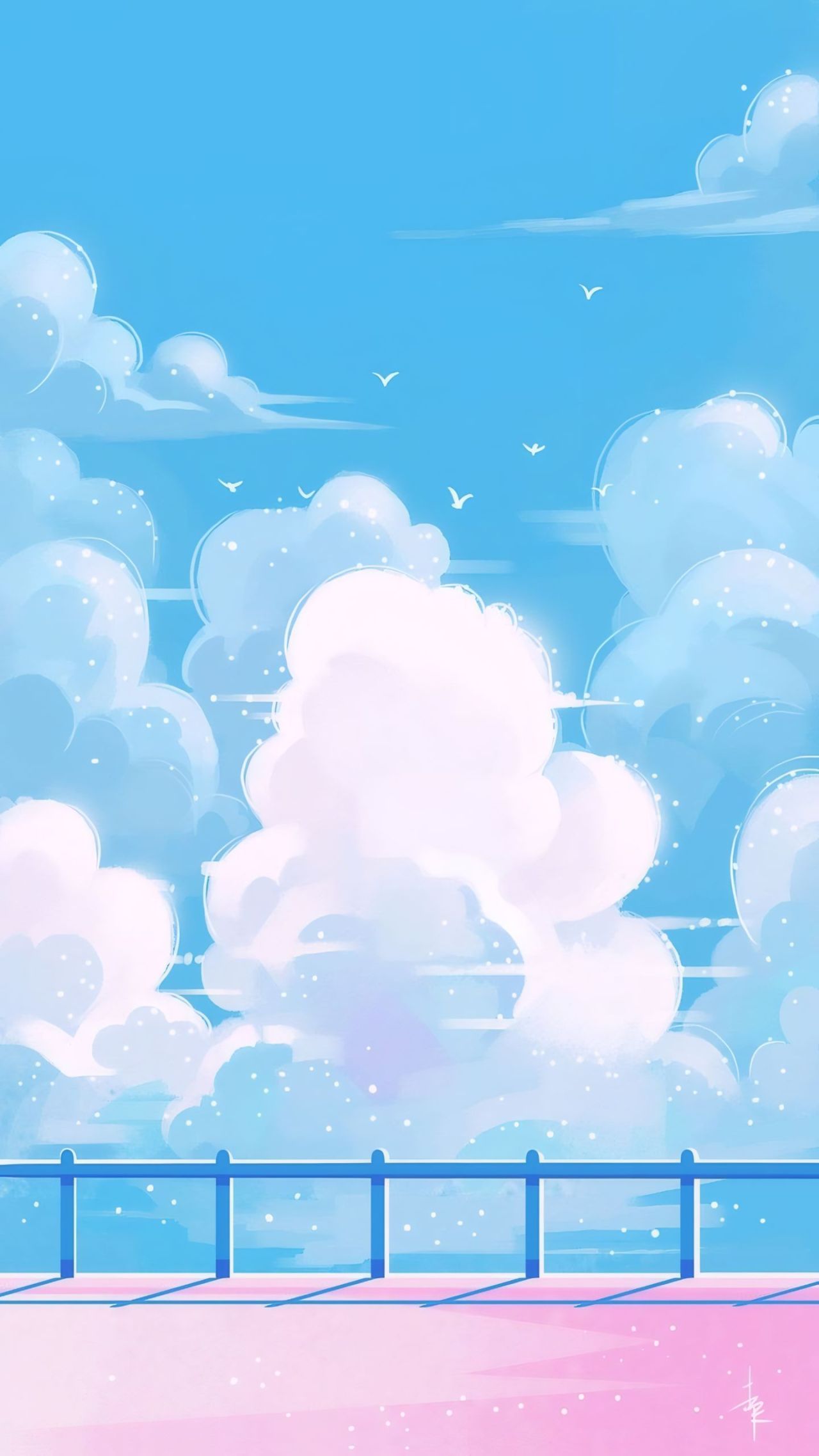Stylized blue sky with clouds railing and birds