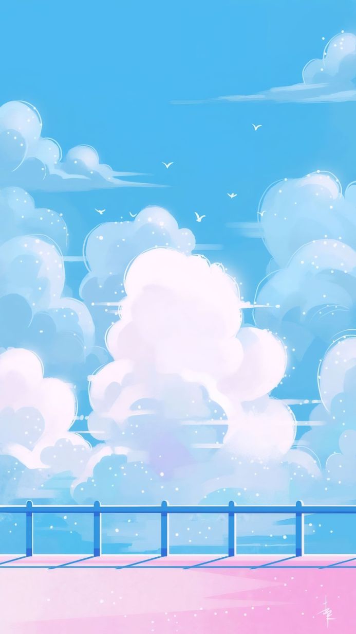Illustration of a blue sky with clouds, birds, and a fence