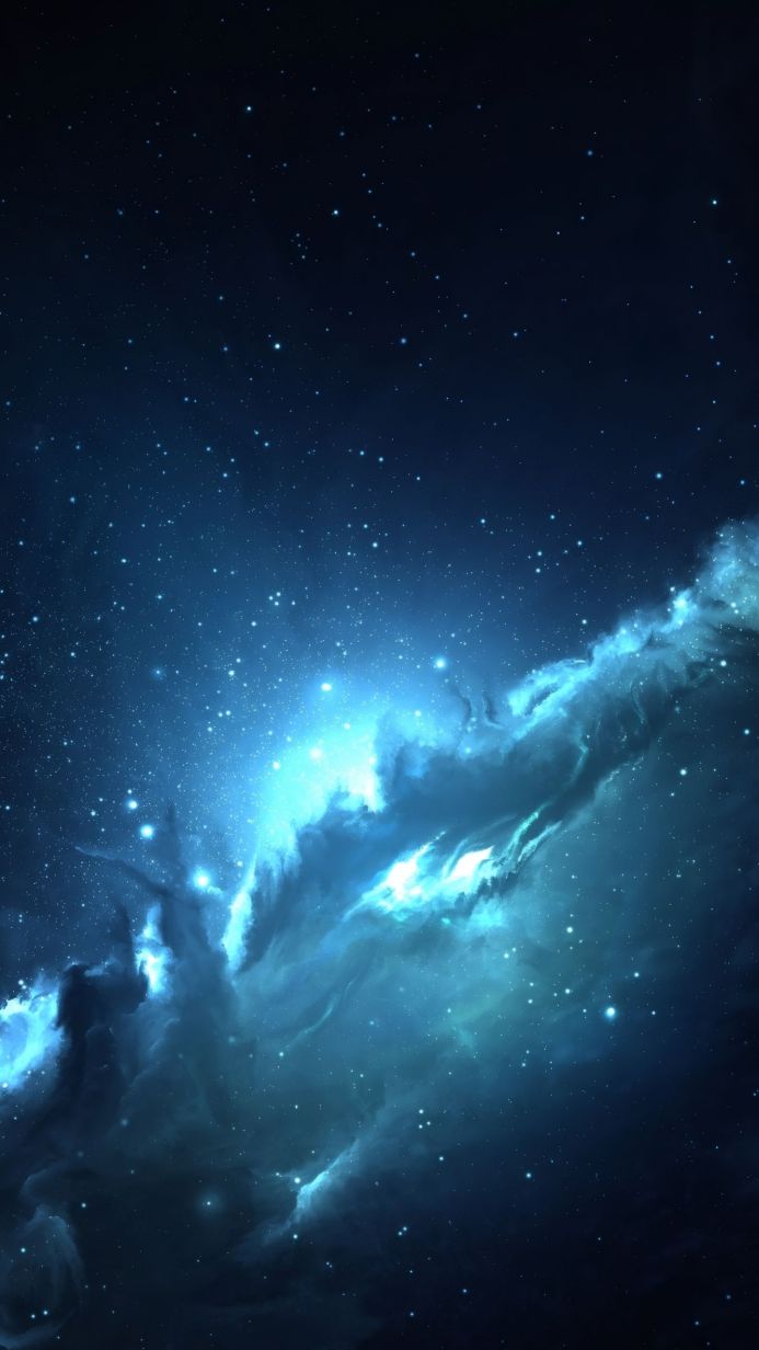A vibrant blue and teal nebula with many stars in the background