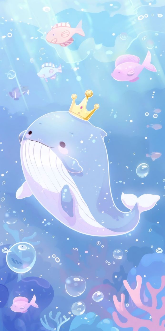 Illustration of a blue whale wearing a golden crown, surrounded by pink fish and coral in a blue ocean