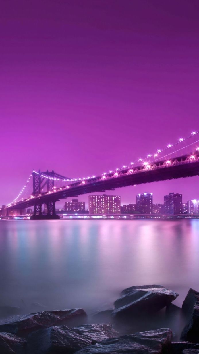 A bridge and city skyline at night illuminated with pink and purple lights