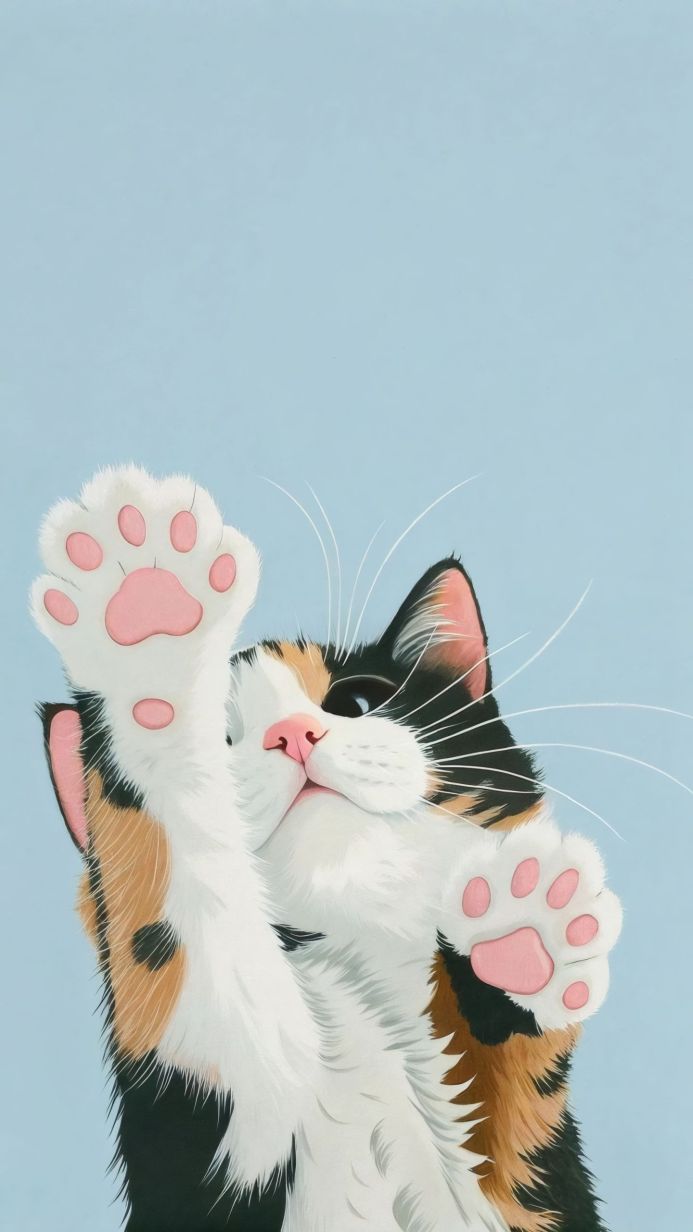 Calico cat with paw up on a light blue background