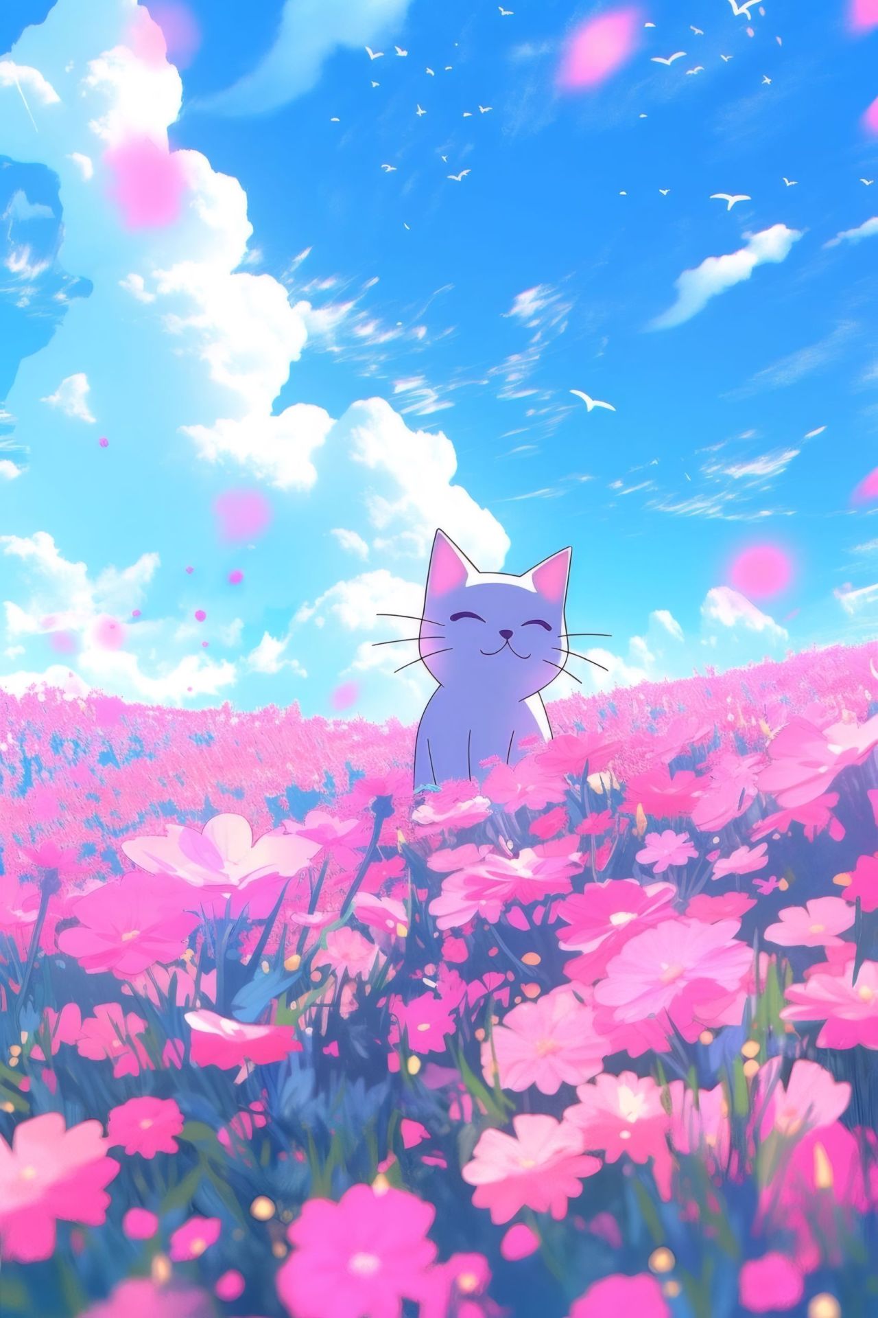 Cute cat in pink flower field blue sky birds