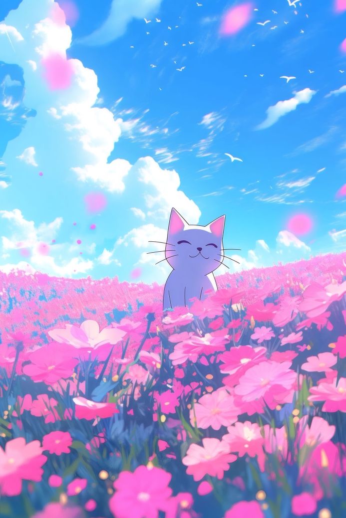 Cute cartoon cat in a pink flower field under a blue sky with birds