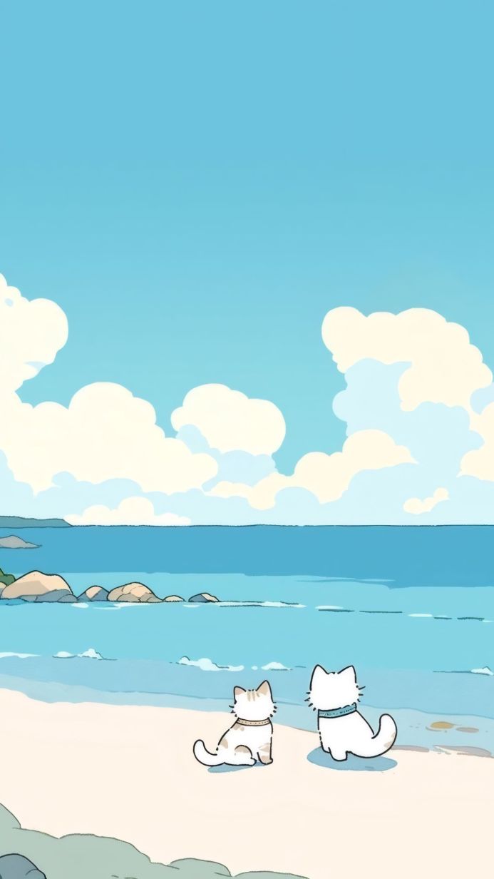 Two cartoon cats on a sandy beach looking at the sea