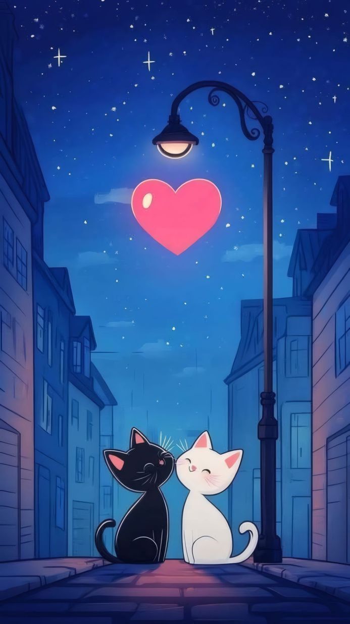 Two cartoon cats under a streetlight with a heart-shaped light on a city street at night