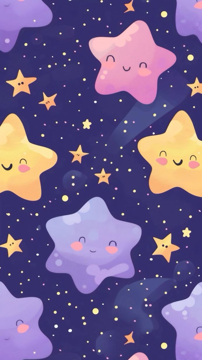 Illustration of cartoon stars in a night sky with yellow, pink, purple, and blue colors