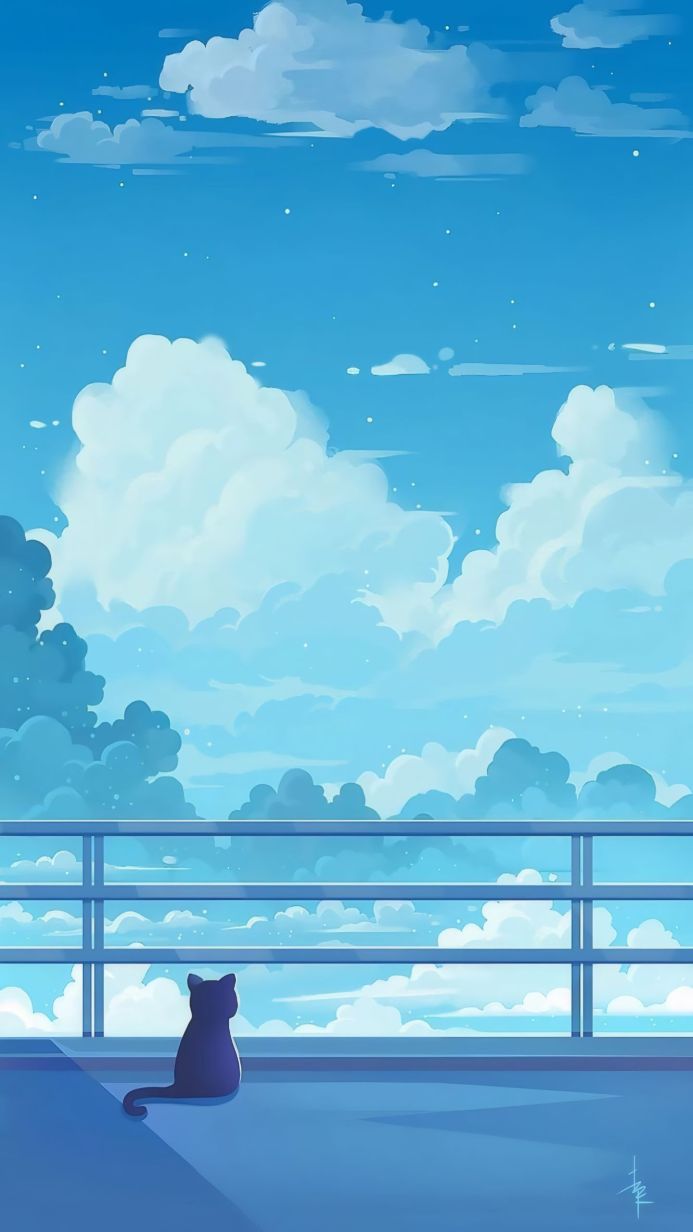 A cat sits looking at the sky full of clouds, calm scene