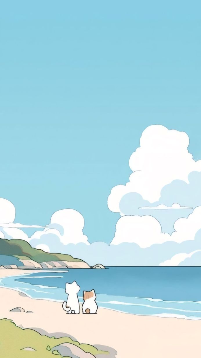 Two cats on a beach looking at the sea and clouds in a cartoon style illustration