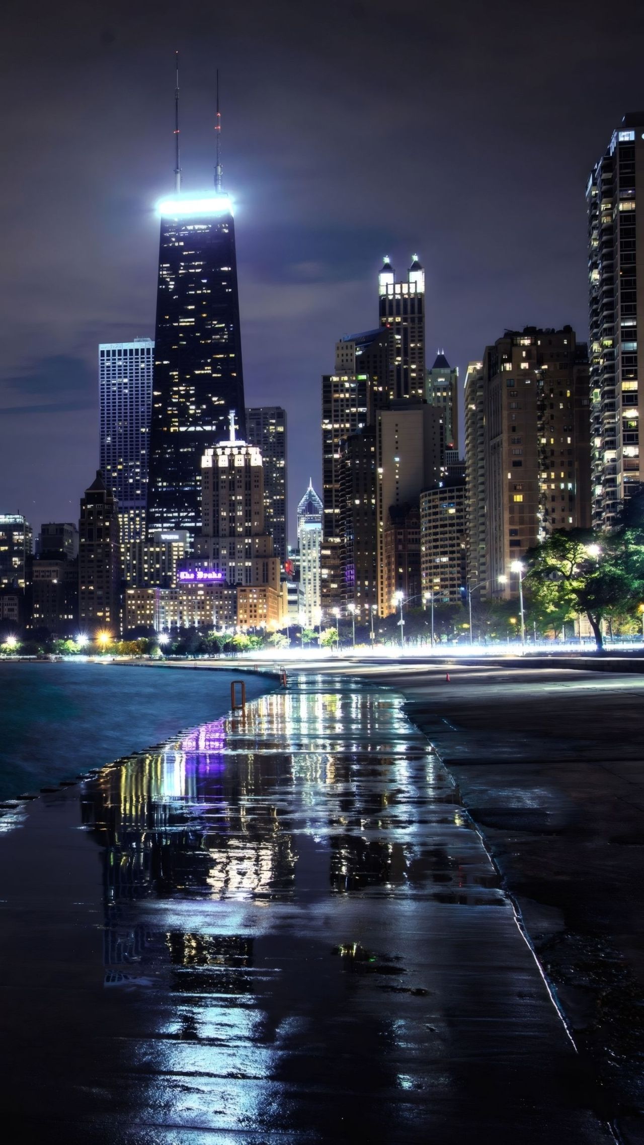 Chicago skyline night reflections on wet ground
