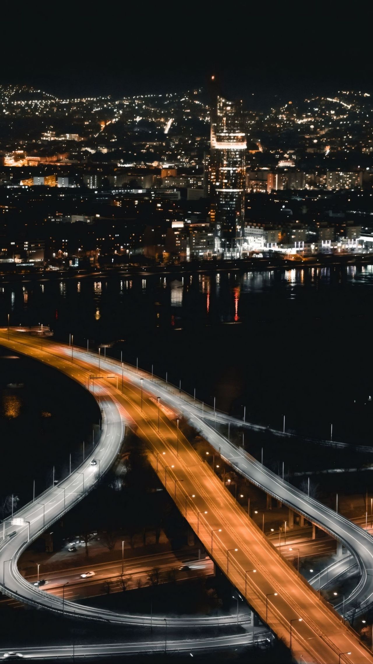 City highway interchange at night long exposure