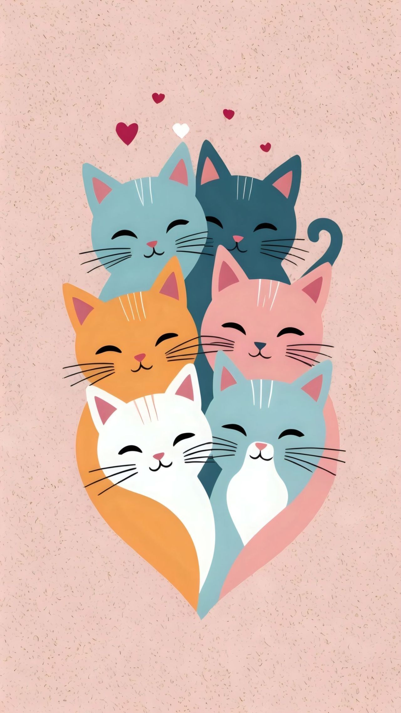 Five colorful cartoon cats forming a heart shape with hearts