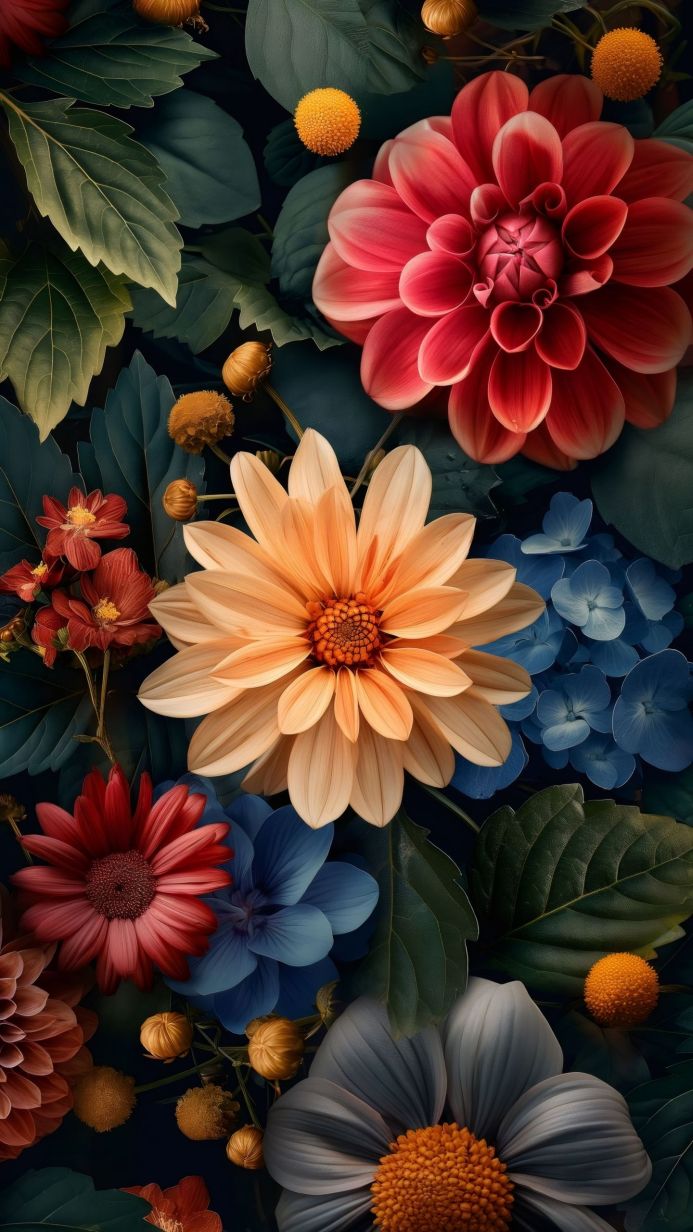 Close-up of various colorful flowers and green leaves against a dark background