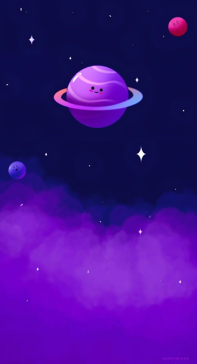 A cute cartoon planet with a ring in a dark space with other planets and stars