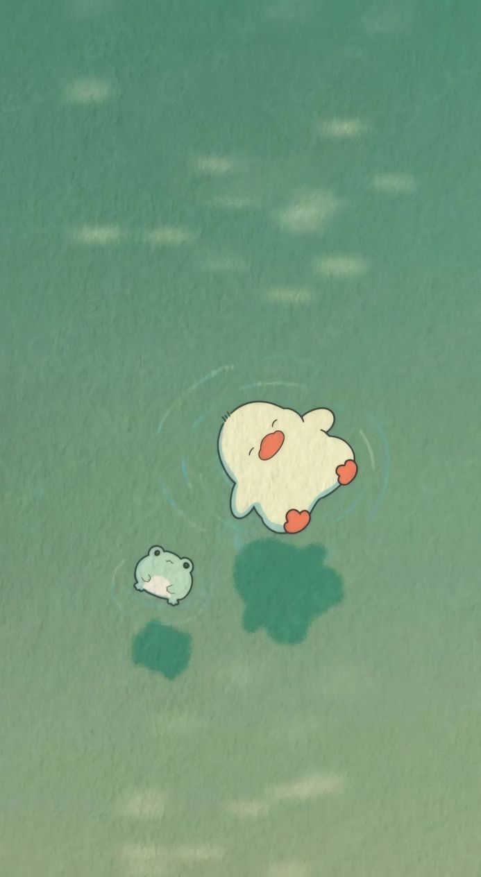 Illustration of a duck and a frog floating on green water