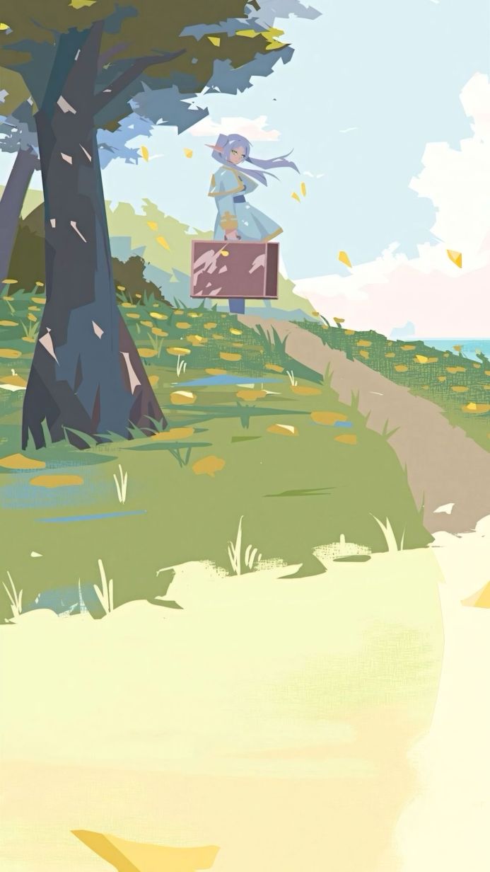 Fantasy character Frieren with purple hair and elf ears holding a suitcase in a landscape with trees, flowers, and water