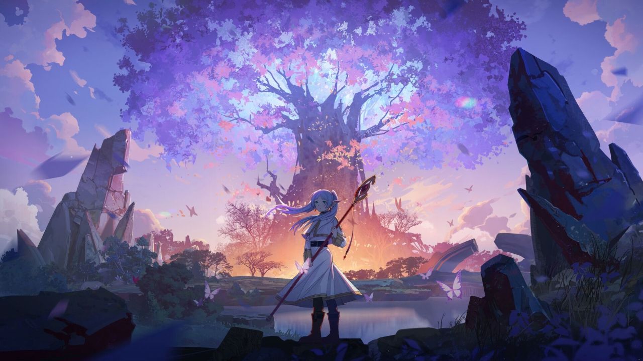 Anime girl and giant glowing tree in fantasy landscape