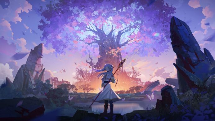 Anime elf Frieren with staff standing before a glowing purple fantasy tree at sunset in a magical landscape