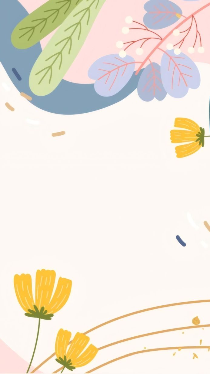 Vector graphic with yellow flowers, green leaves, and blue branch on a light pink background