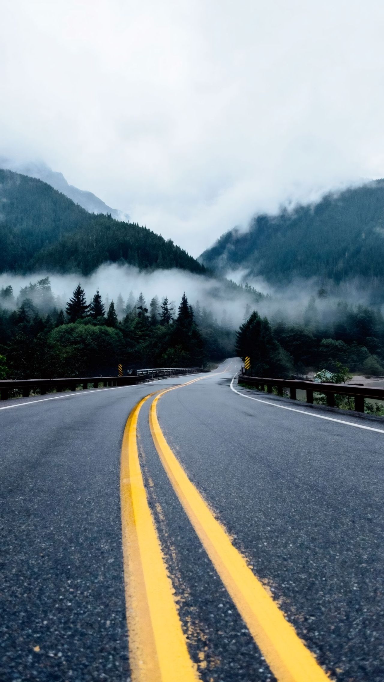 Foggy mountain road winding through forest