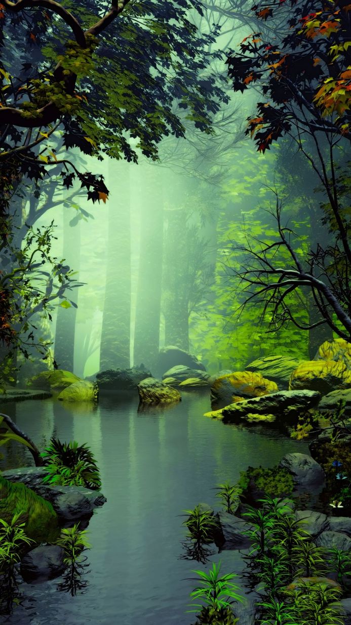 Serene forest scene with a lake, trees, and rocks, lit by sunlight