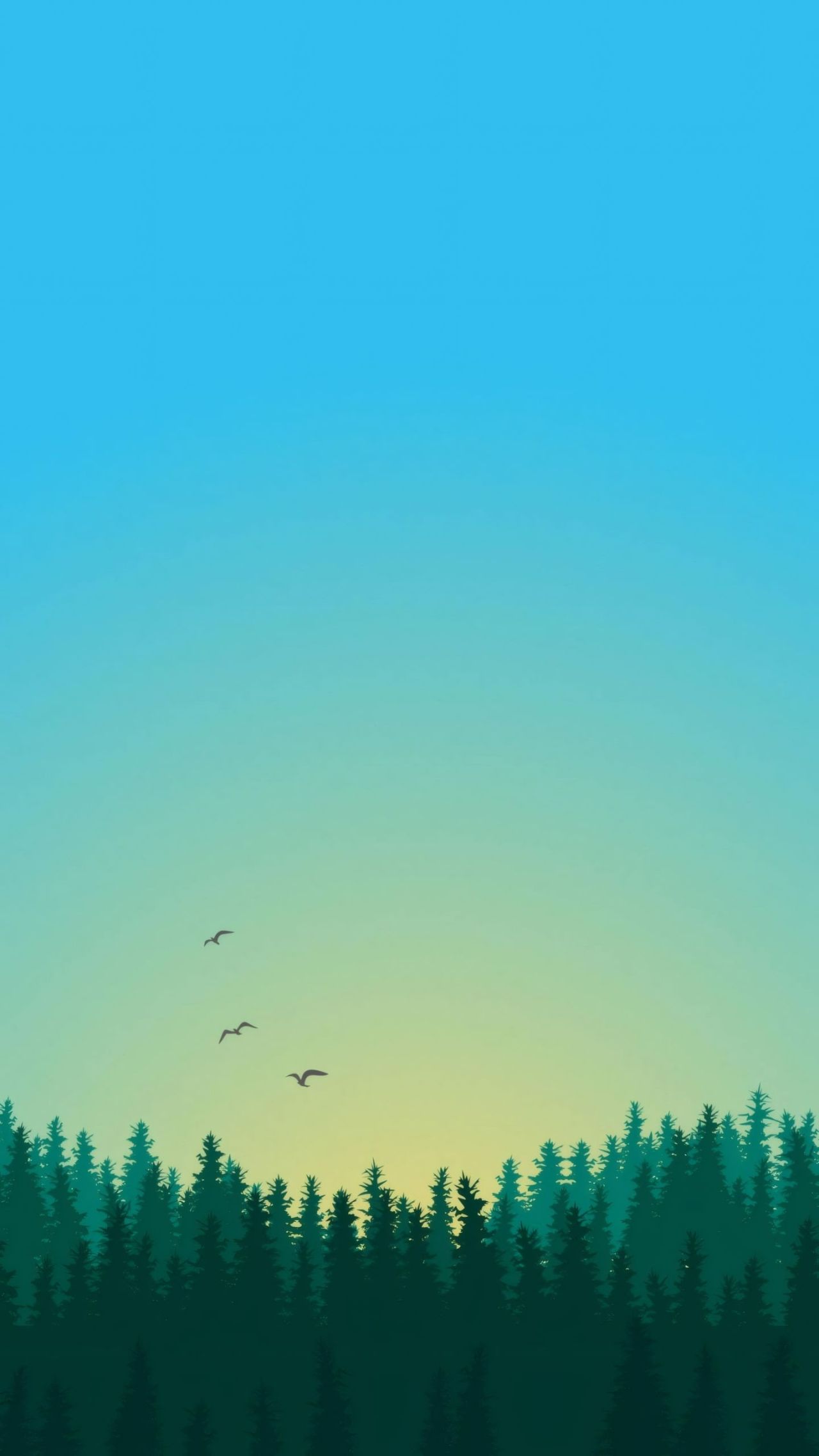minimalist forest silhouette gradient sky birds
