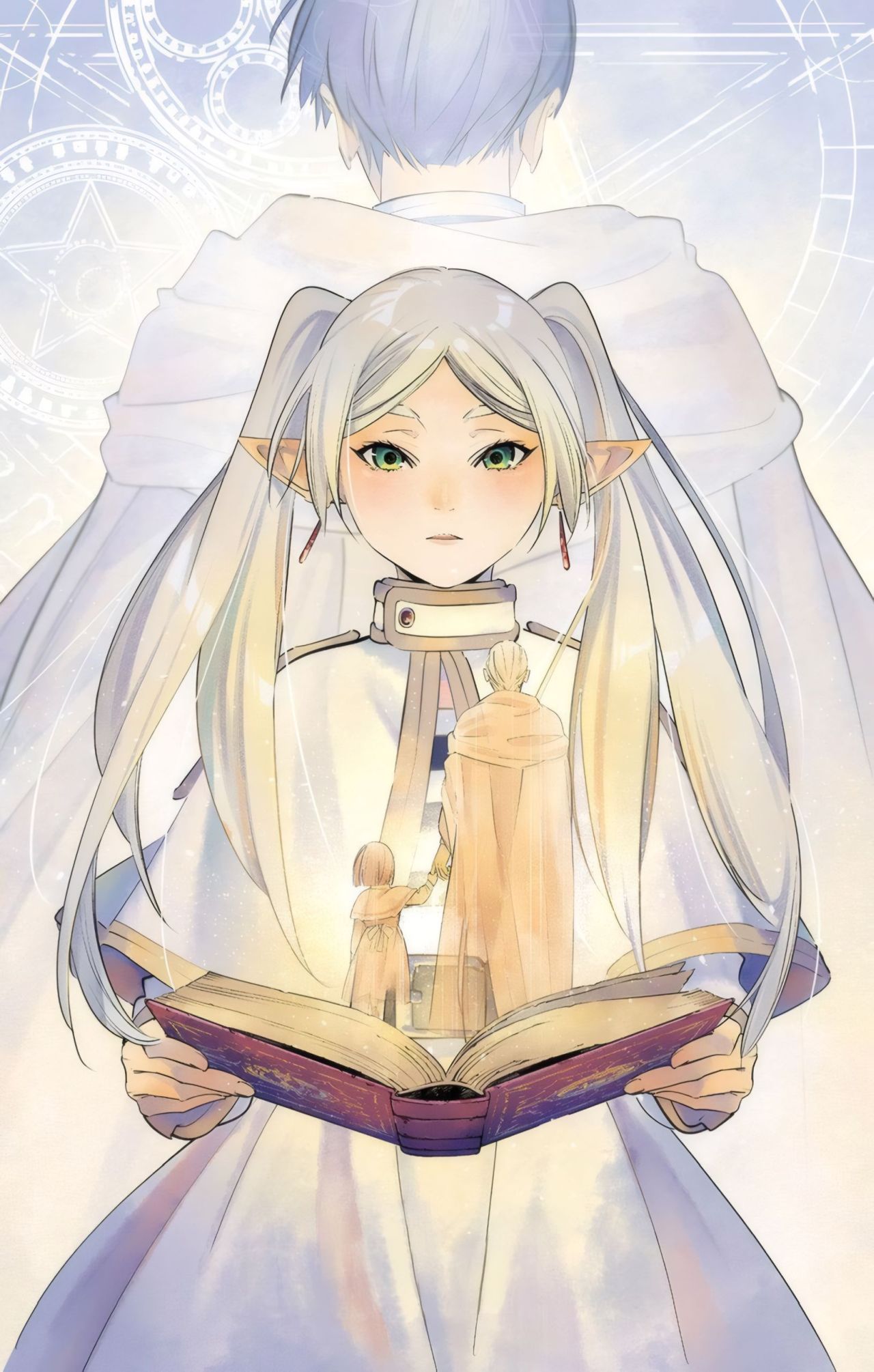 Anime girl with elf ears holds open magic book
