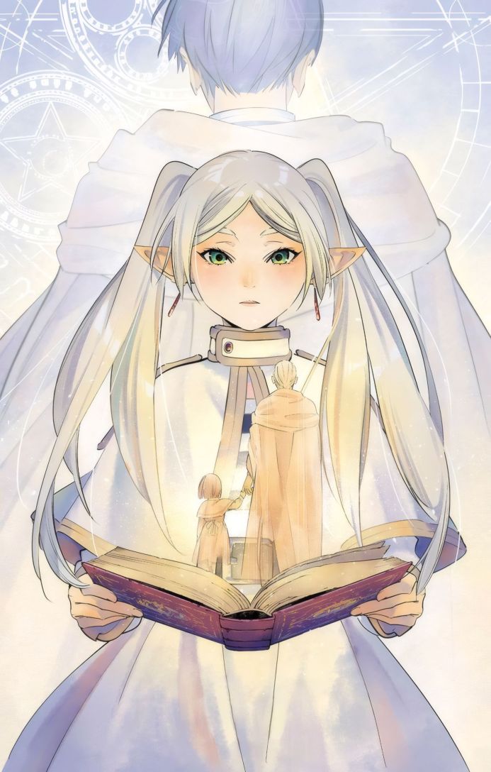 Frieren, an elf character from Frieren: Beyond Journey's End, holds an open book showing a memory of Himmel and a child