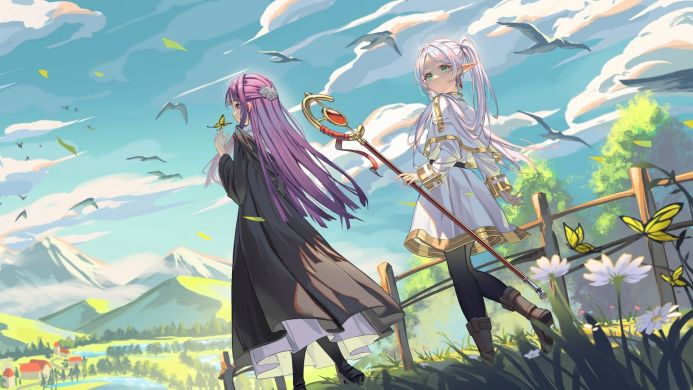 Frieren and Fern from Frieren Beyond Journey's End walking in a landscape with mountains and butterflies