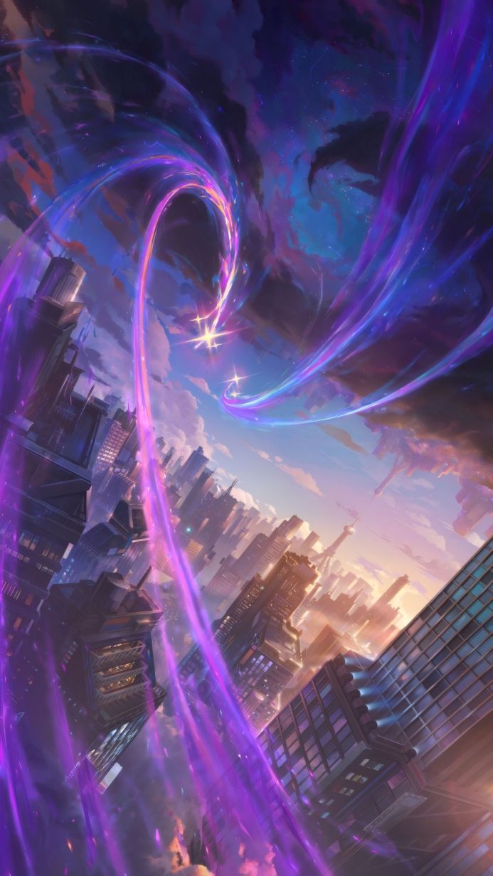 Cityscape with swirling purple energy portal above skyscrapers, abstract design