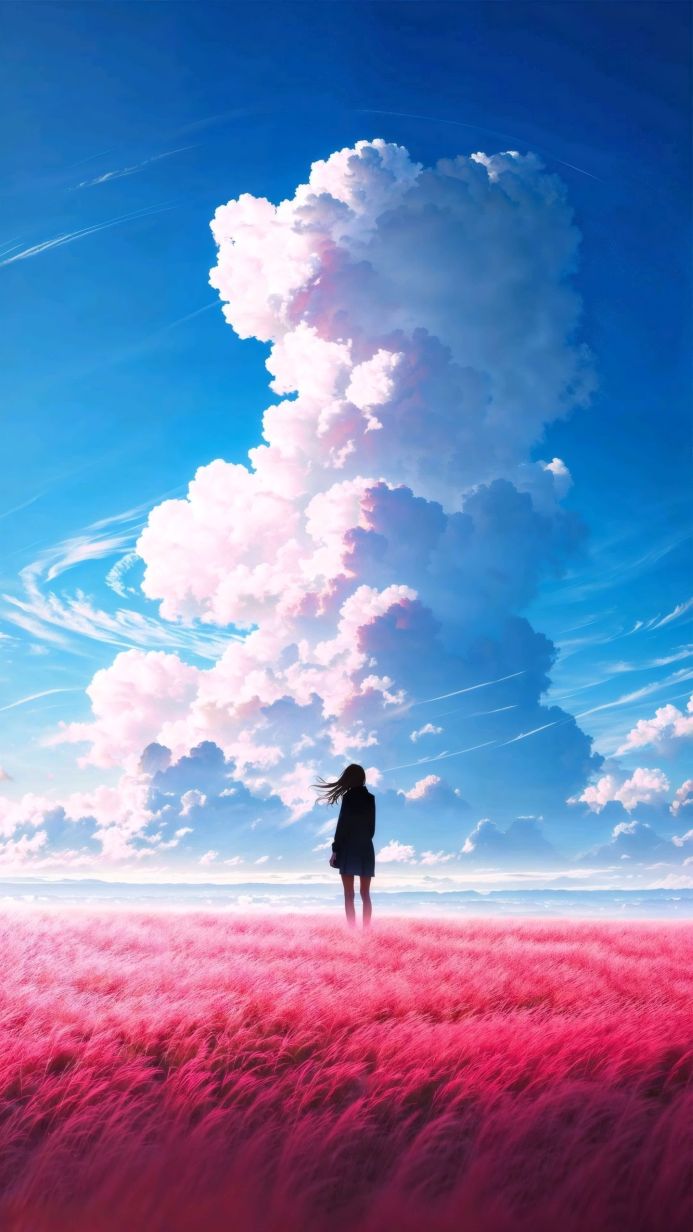 Girl standing in a pink field looking at the sky and clouds