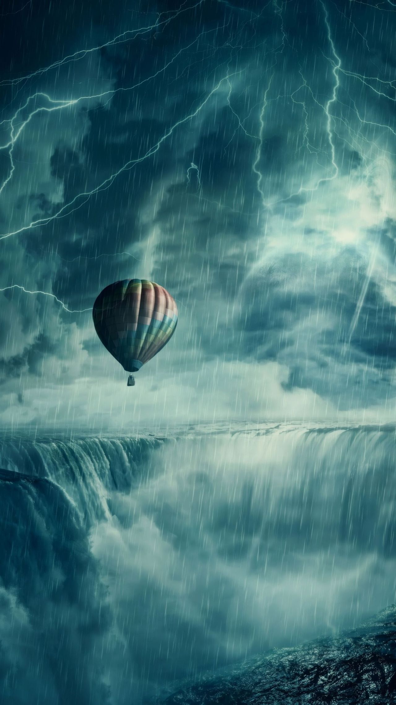 Hot air balloon over waterfall in storm with lightning