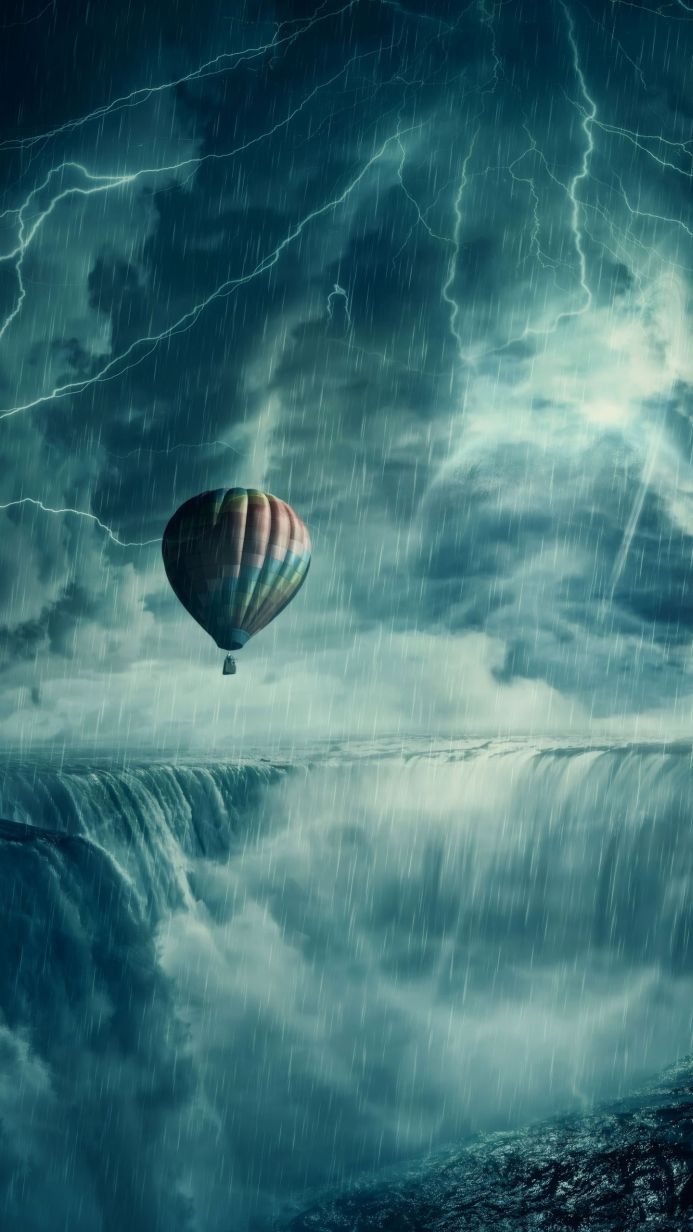A hot air balloon flies over a waterfall during a thunderstorm