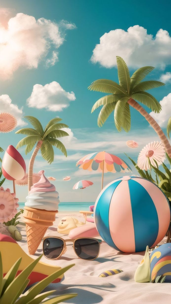 Ice cream, beach ball, sunglasses and beach umbrella on a sandy beach with palm trees, pastel colors