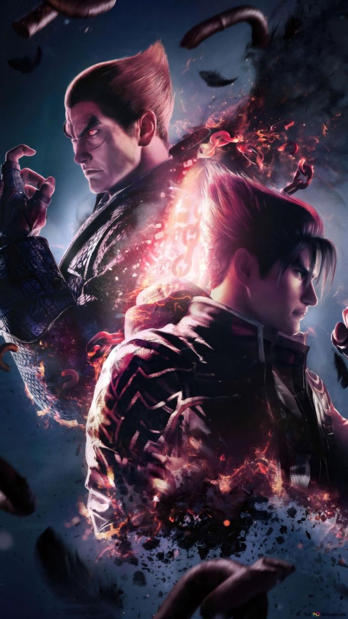 Kazuya Mishima and Jin Kazama, characters from Tekken, facing each other with a background of fire