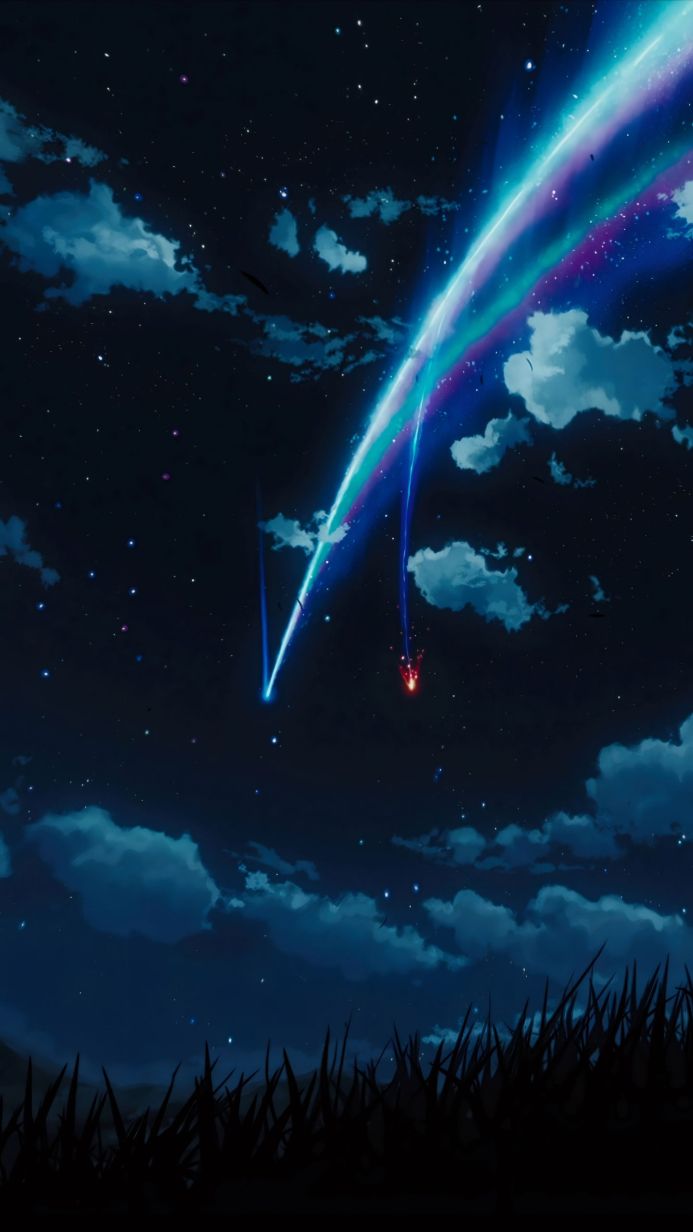 Night sky with comets streaking across, from the anime film "Your Name"