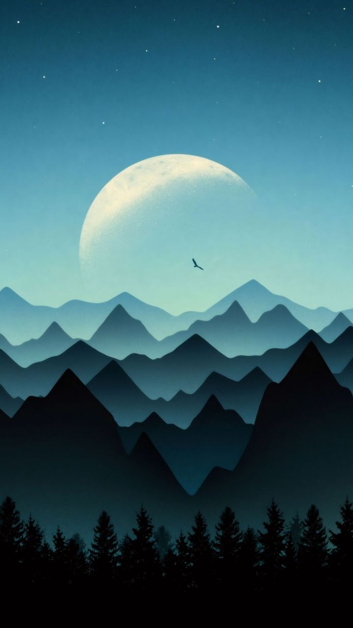 A landscape with a large moon, layered mountains, trees and a bird in flight