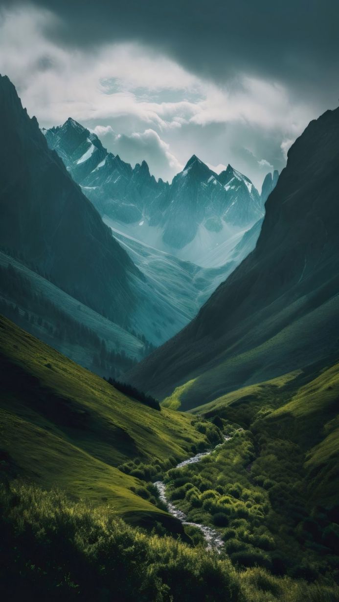 Mountain range with a river flowing through a green valley