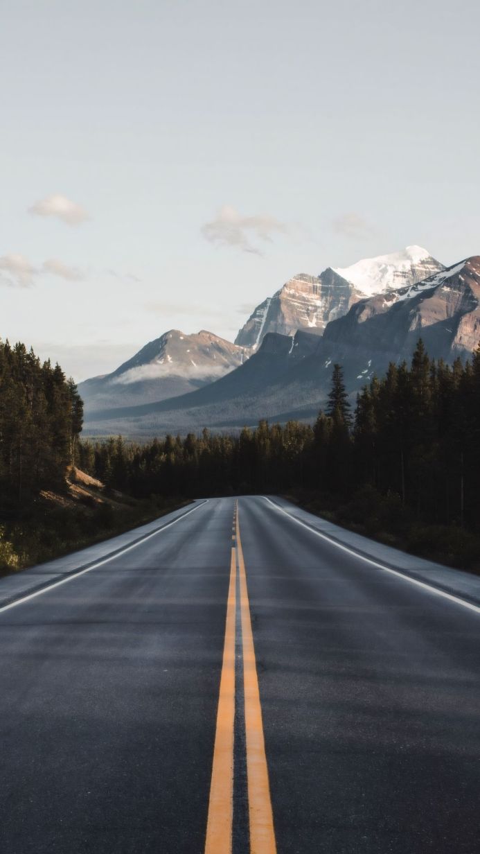 A long road stretches toward snow-capped mountains under a clear sky