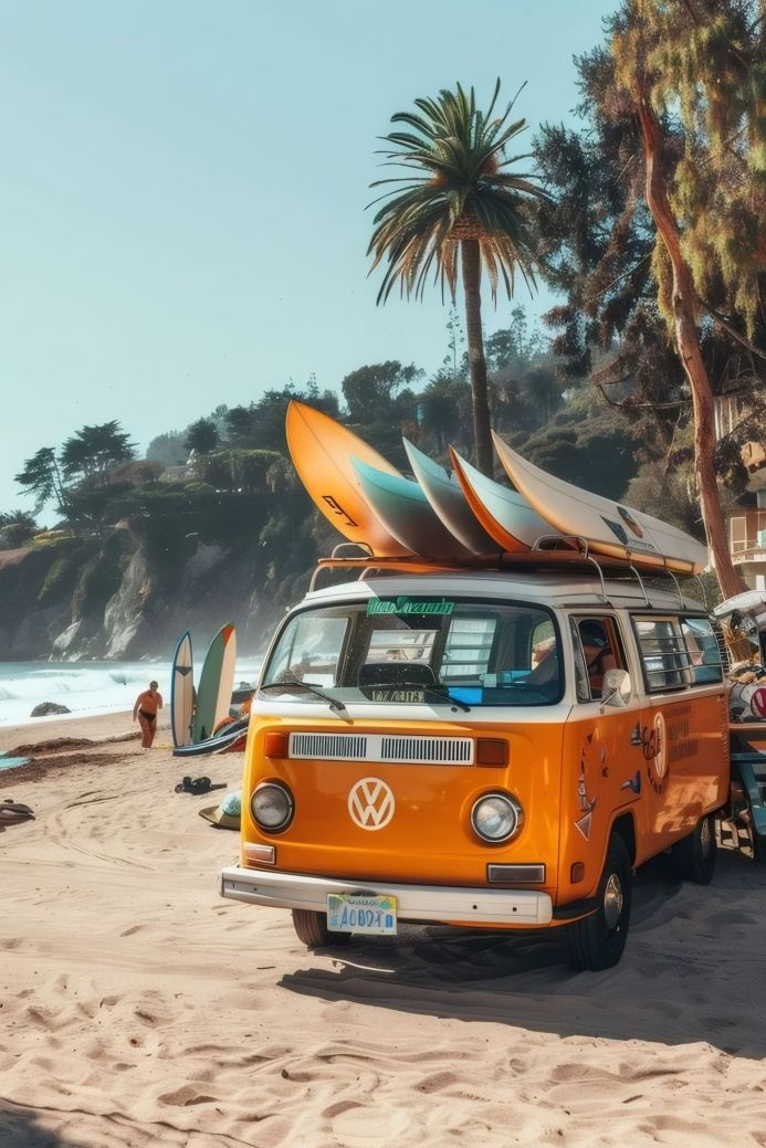 Orange Volkswagen bus with surfboards on the beach