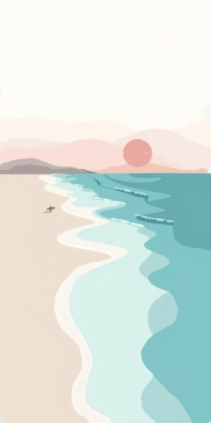 Pastel illustration of a surfer on a beach with gentle waves and a rising sun