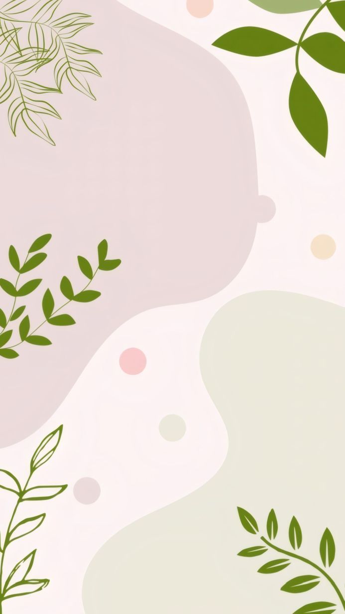 Abstract botanical illustration with green leaves and pastel shapes